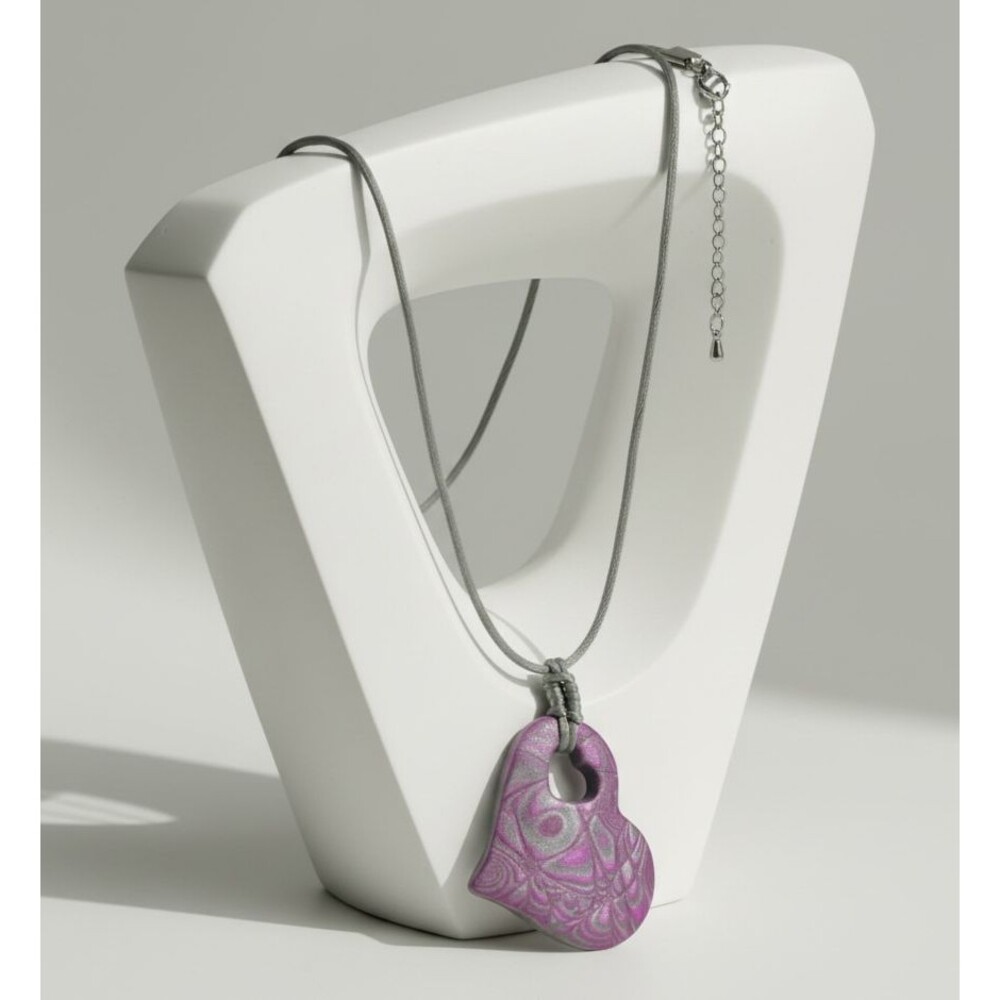 Polymer Clay Pink Purple Swirl Heart Handmade Pendant Necklace Satin Cord